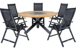 OUTFLEXX Garten-Essgruppe, OUTFLEXX® anthrazit matt, Alu / Teak / Textil, Esstisch Ø 150 cm, 5 Klappstühle