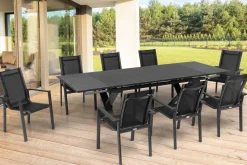 OUTFLEXX Garten-Essgruppe, OUTFLEXX® anthrazit matt, Alu / Spraystone / Textil, Tisch 180/280x100cm, 8 Stapelsessel
