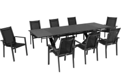 OUTFLEXX Garten-Essgruppe, OUTFLEXX® anthrazit matt, Alu / Spraystone / Textil, Tisch 180/280x100cm, 8 Stapelsessel