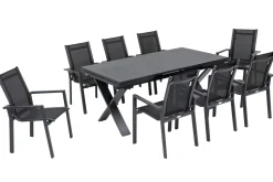 OUTFLEXX Garten-Essgruppe, OUTFLEXX® anthrazit matt, Alu / Spraystone / Textil, Tisch 180/280x100cm, 8 Stapelsessel