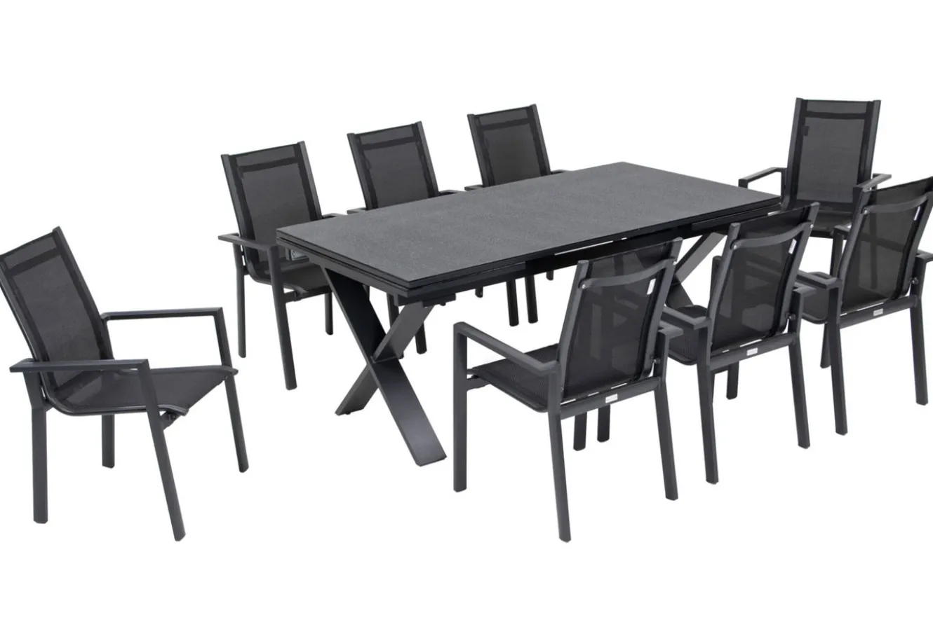 OUTFLEXX Garten-Essgruppe, OUTFLEXX® anthrazit matt, Alu / Spraystone / Textil, Tisch 180/280x100cm, 8 Stapelsessel