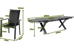 OUTFLEXX Garten-Essgruppe, OUTFLEXX® anthrazit matt, Alu / Spraystone / Textil, Tisch 180/280x100cm, 8 Stapelsessel