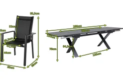 OUTFLEXX Garten-Essgruppe, OUTFLEXX® anthrazit matt, Alu / Spraystone / Textil, Tisch 180/280x100cm, 8 Stapelsessel