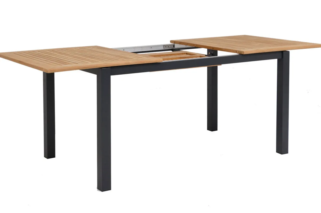 OUTFLEXX Garten-Essgruppe, OUTFLEXX® anthrazit matt, Alu / Teak / Textil, Tisch 150/210x90cm, 6 Klappstühle