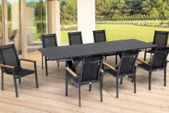 OUTFLEXX Garten-Essgruppe, OUTFLEXX® anthrazit matt, Alu / Spraystone / Teak, Tisch 180/280x100cm, 8 Stapelsessel