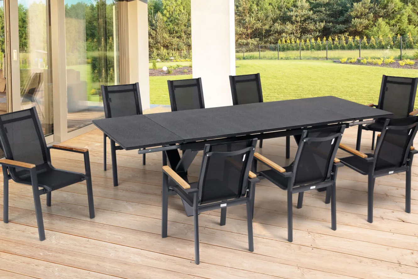 OUTFLEXX Garten-Essgruppe, OUTFLEXX® anthrazit matt, Alu / Spraystone / Teak, Tisch 180/280x100cm, 8 Stapelsessel