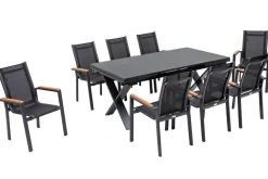 OUTFLEXX Garten-Essgruppe, OUTFLEXX® anthrazit matt, Alu / Spraystone / Teak, Tisch 180/280x100cm, 8 Stapelsessel