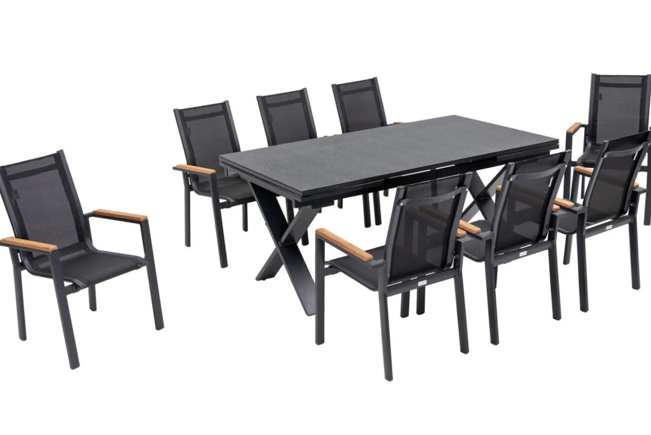 OUTFLEXX Garten-Essgruppe, OUTFLEXX® anthrazit matt, Alu / Spraystone / Teak, Tisch 180/280x100cm, 8 Stapelsessel