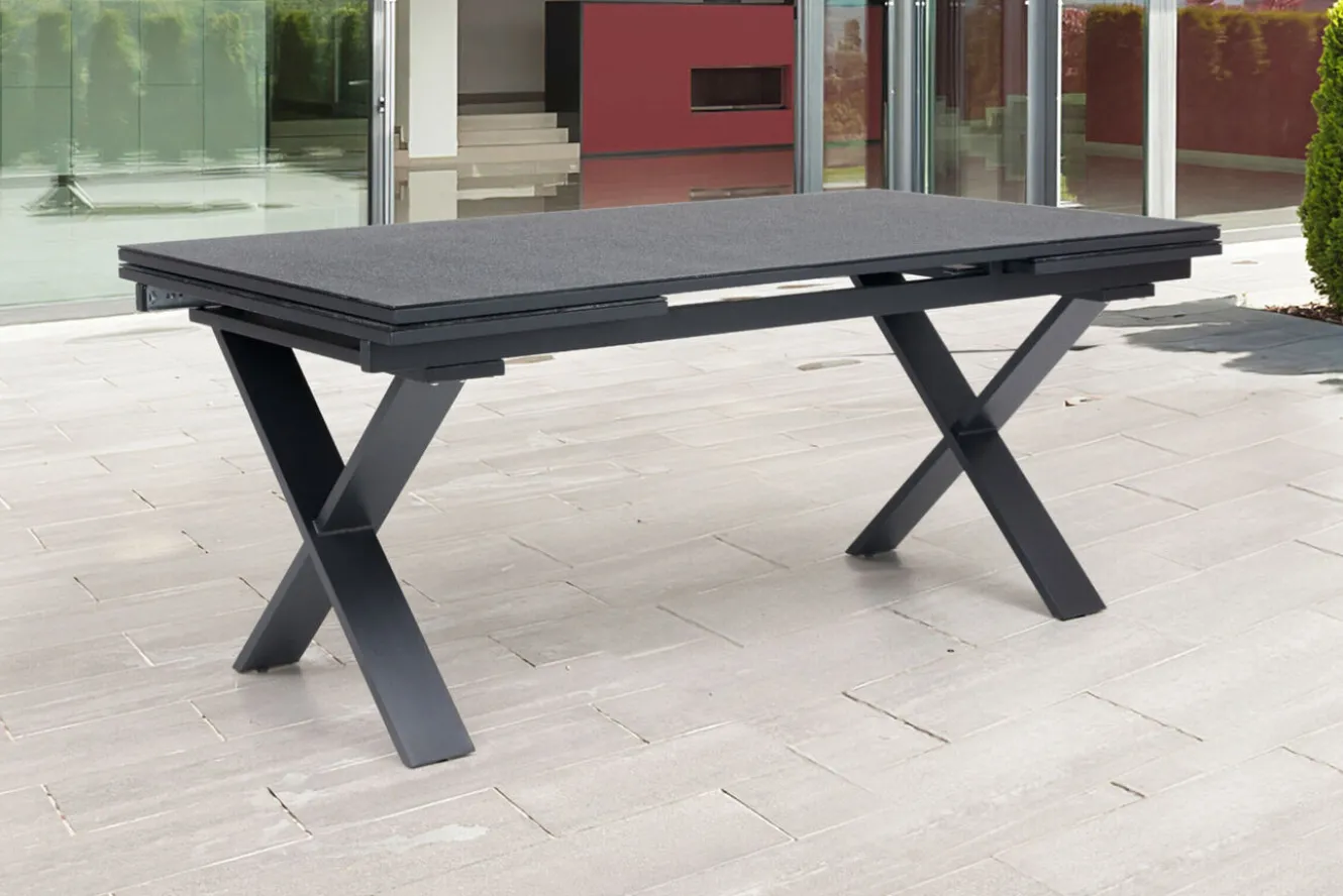 OUTFLEXX Garten-Essgruppe, OUTFLEXX® anthrazit matt, Alu / Spraystone / Teak, Tisch 180/280x100cm, 8 Stapelsessel