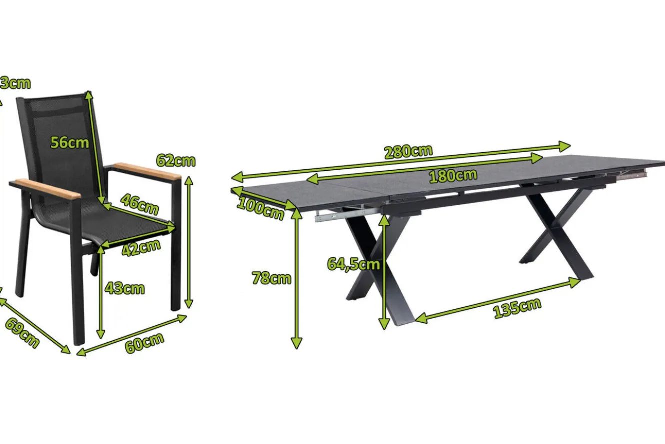 OUTFLEXX Garten-Essgruppe, OUTFLEXX® anthrazit matt, Alu / Spraystone / Teak, Tisch 180/280x100cm, 8 Stapelsessel