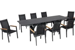 OUTFLEXX Garten-Essgruppe, OUTFLEXX® anthrazit matt, Alu / Spraystone / Teak, Tisch 180/280x100cm, 8 Stapelsessel