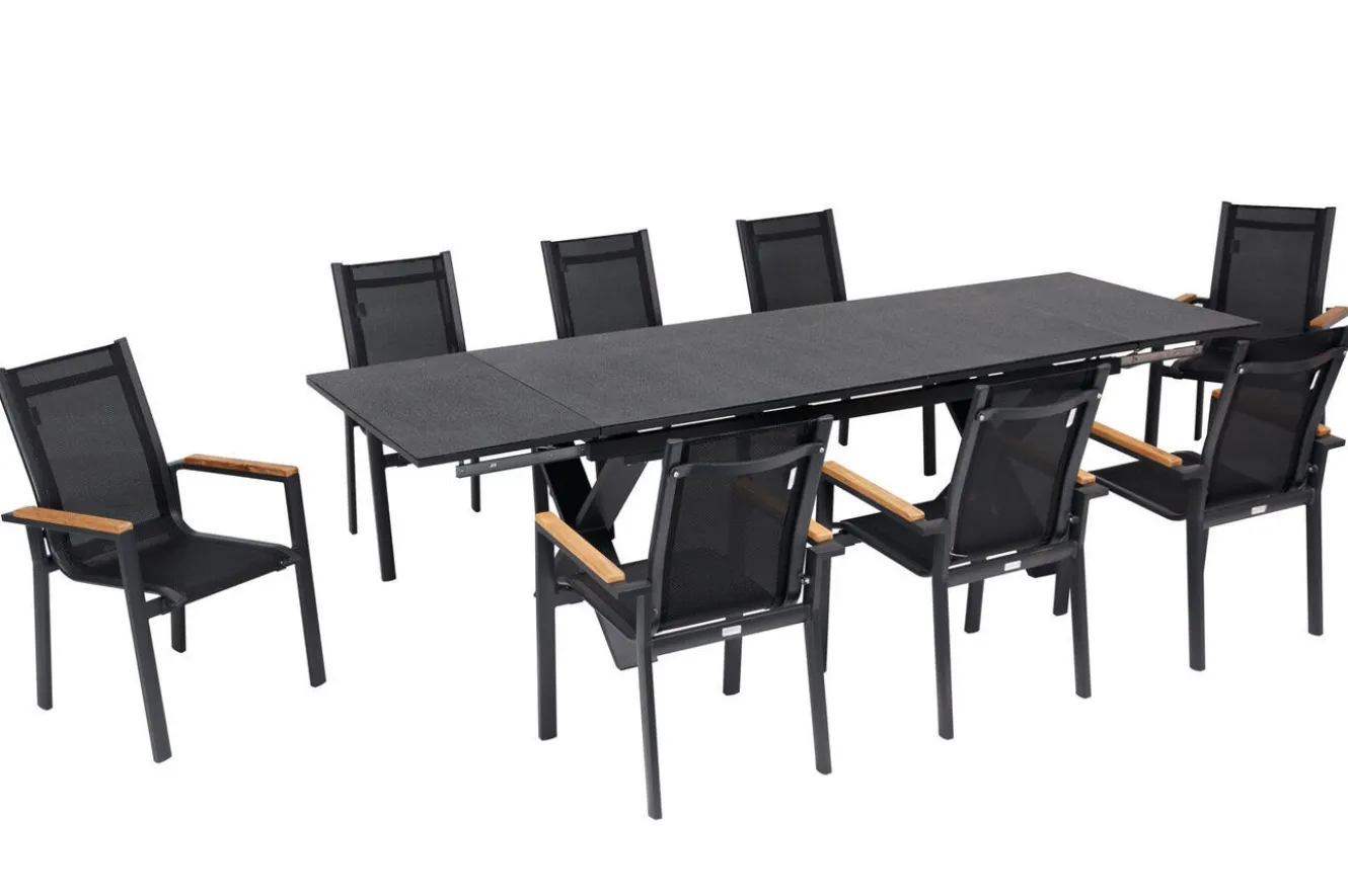 OUTFLEXX Garten-Essgruppe, OUTFLEXX® anthrazit matt, Alu / Spraystone / Teak, Tisch 180/280x100cm, 8 Stapelsessel
