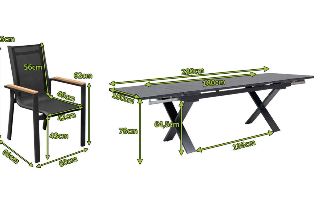 OUTFLEXX Garten-Essgruppe, OUTFLEXX® anthrazit matt, Alu / Spraystone / Teak, Tisch 180/280x100cm, 8 Stapelsessel