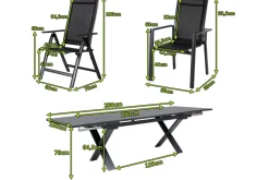 OUTFLEXX Garten-Essgruppe, OUTFLEXX® anthrazit matt, Alu / Spraystone / Textil, Tisch 180/280 x 100 cm, 6 Stapelsessel, 2 Klappstühle