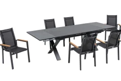 OUTFLEXX Garten-Essgruppe, OUTFLEXX® anthrazit matt, Alu / Spraystone / Teak, Tisch 180/280x100cm, 6 Stapelsessel