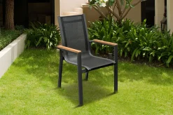 OUTFLEXX Garten-Essgruppe, OUTFLEXX® anthrazit matt, Alu / Spraystone / Teak, Tisch 180/280x100cm, 6 Stapelsessel