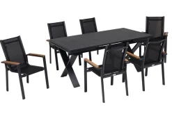 OUTFLEXX Garten-Essgruppe, OUTFLEXX® anthrazit matt, Alu / Spraystone / Teak, Tisch 180/280x100cm, 6 Stapelsessel