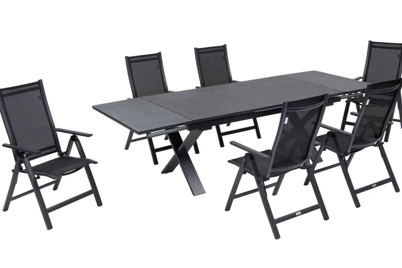 OUTFLEXX Garten-Essgruppe, 6 Personen, ausziehbar, 180-280cm, Alu/Spraystone/Textil, Klappstühle