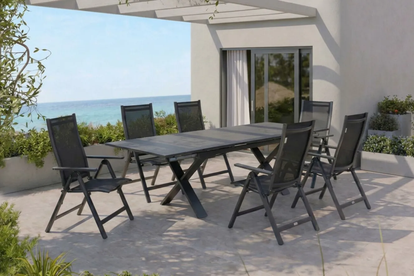 OUTFLEXX Garten-Essgruppe, 6 Personen, ausziehbar, 180-280cm, Alu/Spraystone/Textil, Klappstühle