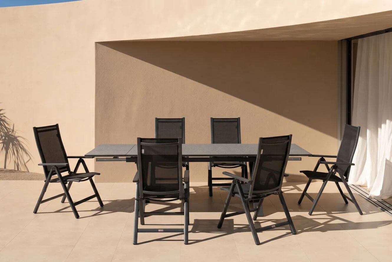 OUTFLEXX Garten-Essgruppe, 6 Personen, ausziehbar, 180-280cm, Alu/Spraystone/Textil, Klappstühle