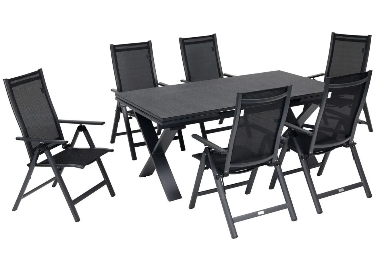 OUTFLEXX Garten-Essgruppe, 6 Personen, ausziehbar, 180-280cm, Alu/Spraystone/Textil, Klappstühle