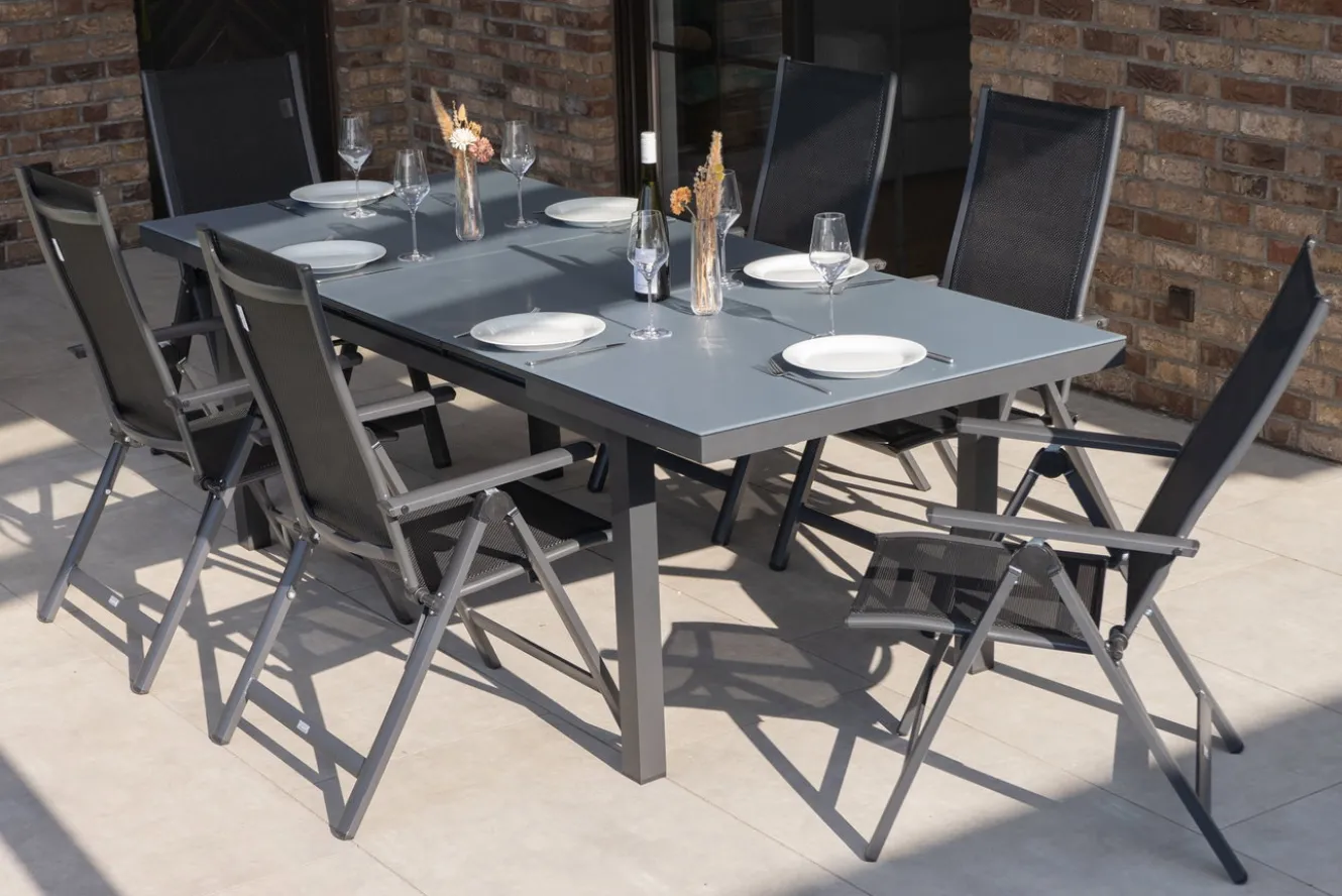OUTFLEXX Garten-Essgruppe, 6 Personen, ausziehbarer Tisch 180–240 cm, Aluminium/Textilene