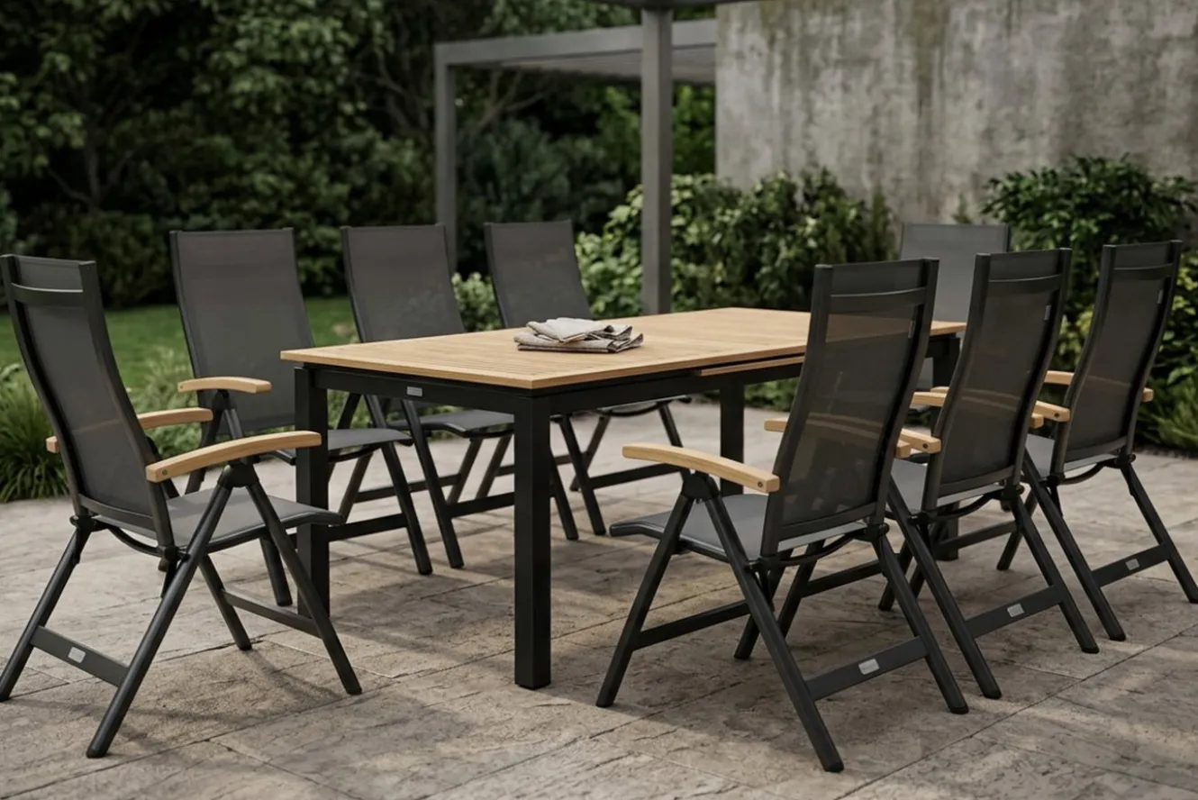 OUTFLEXX Garten-Essgruppe, 8 Personen, ausziehbarer Tisch 180–240 cm, Aluminium/Teakholz FSC®-zertifiziert