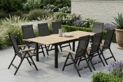OUTFLEXX Garten-Essgruppe, 8 Personen, ausziehbarer Tisch 180–240 cm, Aluminium/Teakholz FSC®-zertifiziert