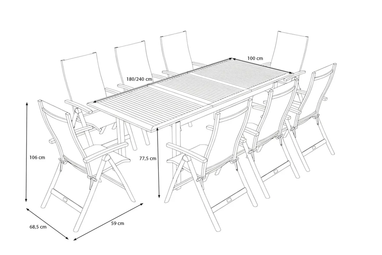 OUTFLEXX Garten-Essgruppe, 8 Personen, ausziehbarer Tisch 180–240 cm, Aluminium/Teakholz FSC®-zertifiziert