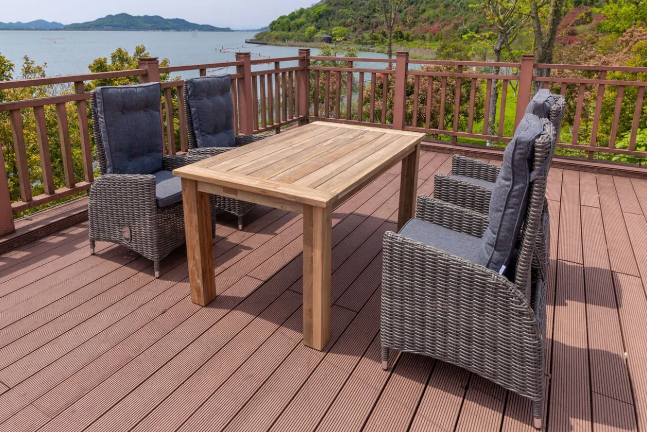 OUTFLEXX Garten-Essgruppe, Polyrattan/recyceltes Teak, Tisch 160 x 90 cm, 4 Hochlehner- Diningsessel, inkl. Polster, FSC®-zertifiziertes Produkt