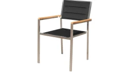 OUTFLEXX Garten-Essgruppe, schwarz, Edelstahl/Teak, Esstisch 180 x 90 cm, 6 Stapelstühle gepolstert
