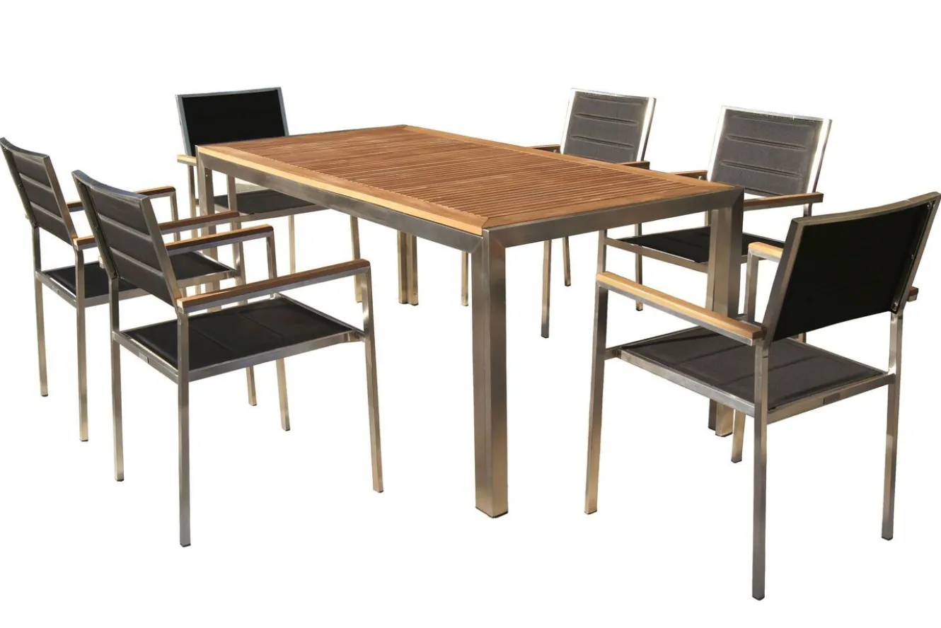 OUTFLEXX Garten-Essgruppe, schwarz, Edelstahl/Teak, Esstisch 180 x 90 cm, 6 Stapelstühle gepolstert