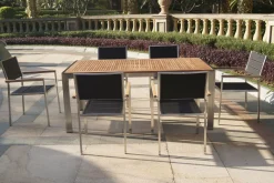 OUTFLEXX Garten-Essgruppe, schwarz, Edelstahl/Teak, Esstisch 180 x 90 cm, 6 Stapelstühle gepolstert