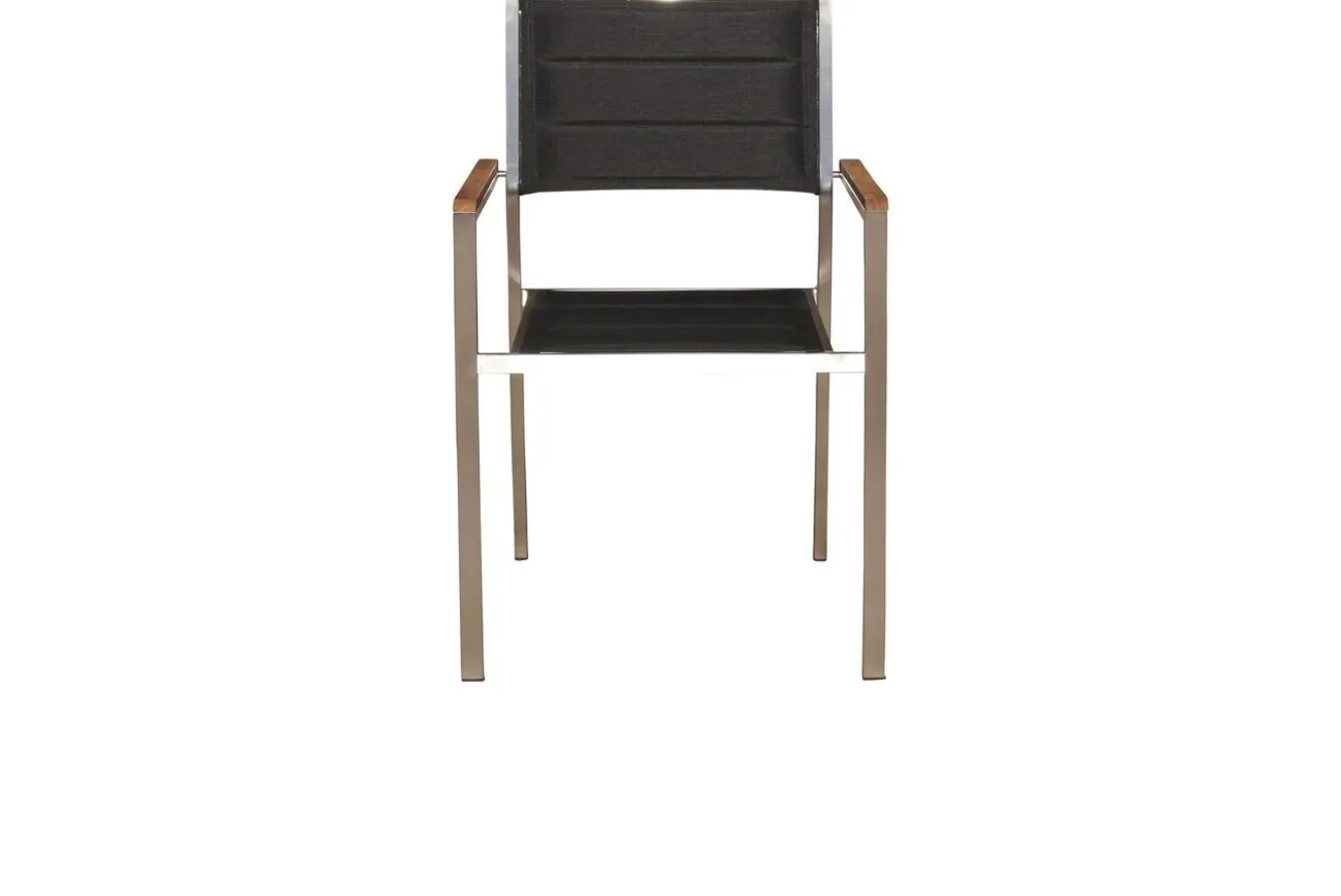 OUTFLEXX Garten-Essgruppe, schwarz, Edelstahl/Teak, Esstisch 180 x 90 cm, 6 Stapelstühle gepolstert