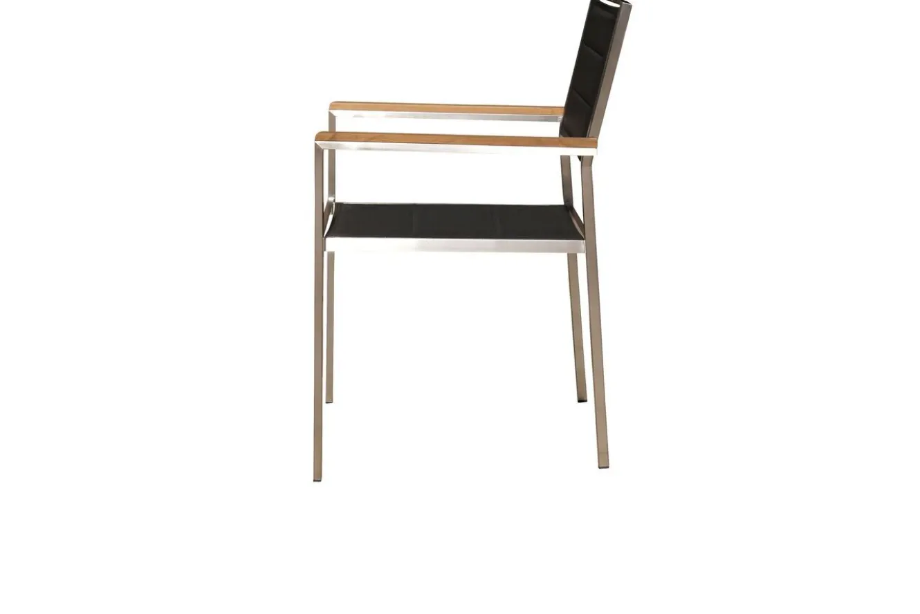 OUTFLEXX Garten-Essgruppe, schwarz, Edelstahl/Teak, Esstisch 180 x 90 cm, 6 Stapelstühle gepolstert