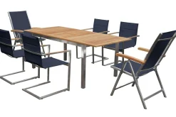 OUTFLEXX Garten-Essgruppe, schwarz, 180/240 x 100 cm, Edelstahl/Teak, Ausziehtisch, 4 Stühle padded, 2 Klappstühle, FSC®-zertifiziertes Produkt