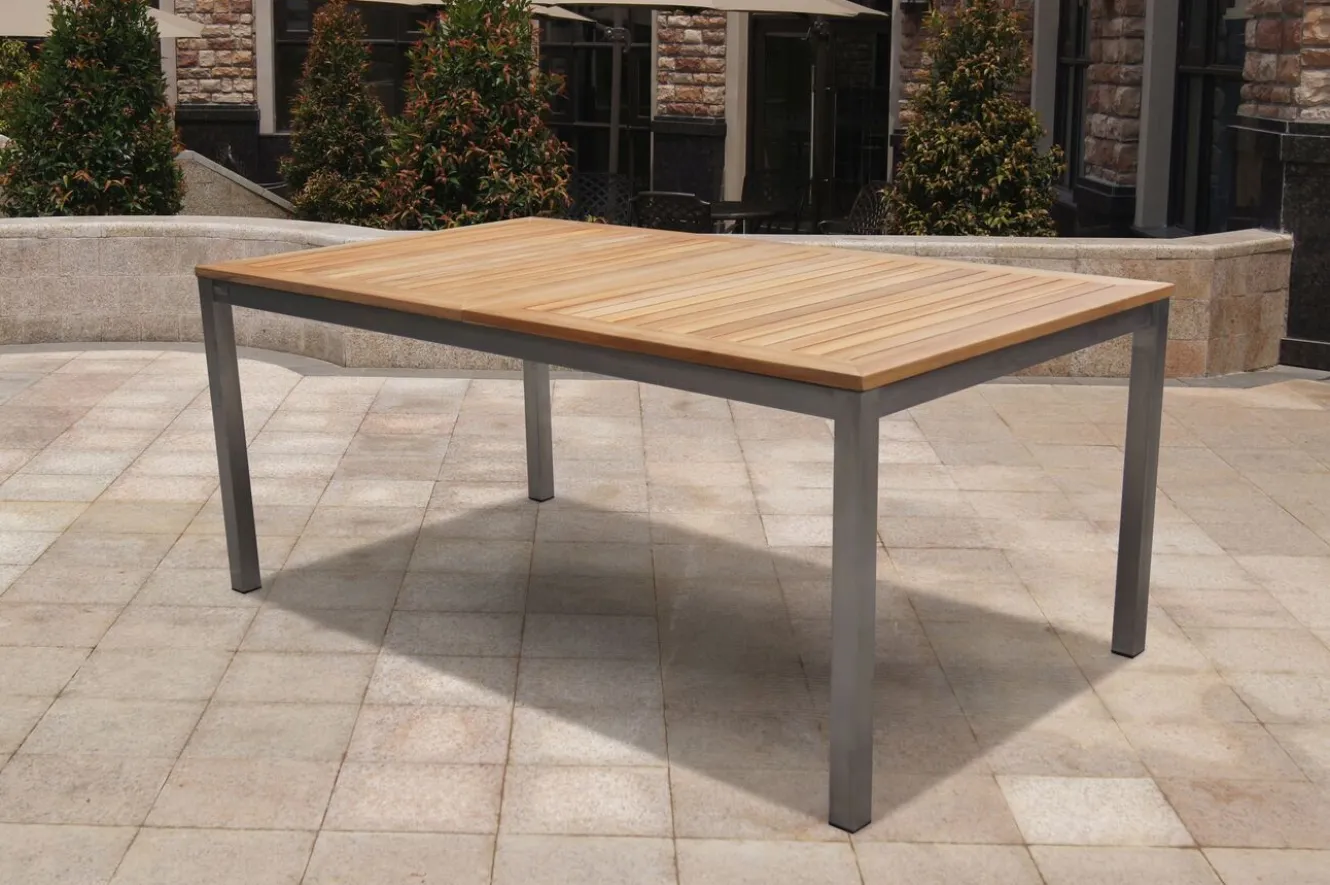 OUTFLEXX Garten-Essgruppe, schwarz, 200/300 x 100 cm, Edelstahl/Teak, Ausziehtisch, 8 Stapelstühle, 2 Klappstühle, FSC®-zertifiziertes Produkt