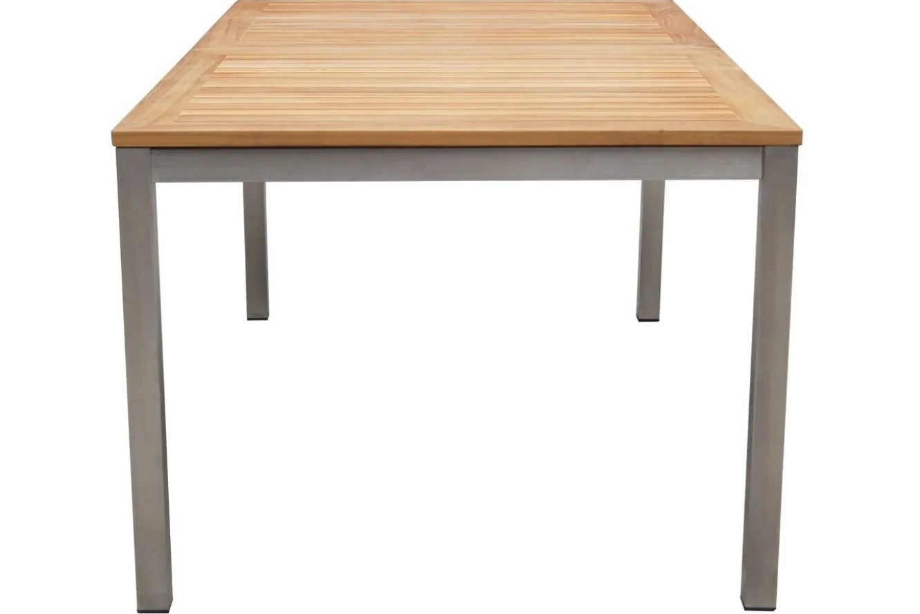 OUTFLEXX Garten-Essgruppe, schwarz, 200/300 x 100 cm, Edelstahl/Teak, Ausziehtisch, 8 Stapelstühle, 2 Klappstühle, FSC®-zertifiziertes Produkt