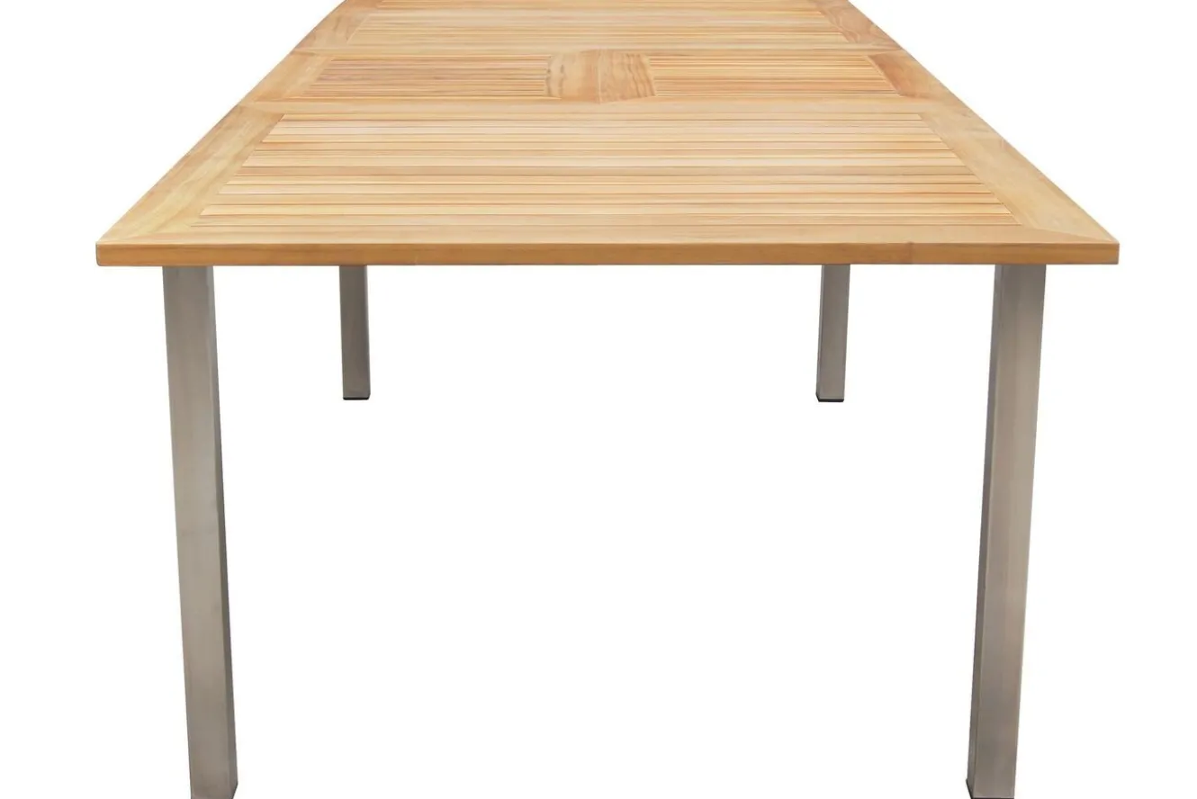 OUTFLEXX Garten-Essgruppe, schwarz, 200/300 x 100 cm, Edelstahl/Teak, Ausziehtisch, 8 Stapelstühle, 2 Klappstühle, FSC®-zertifiziertes Produkt