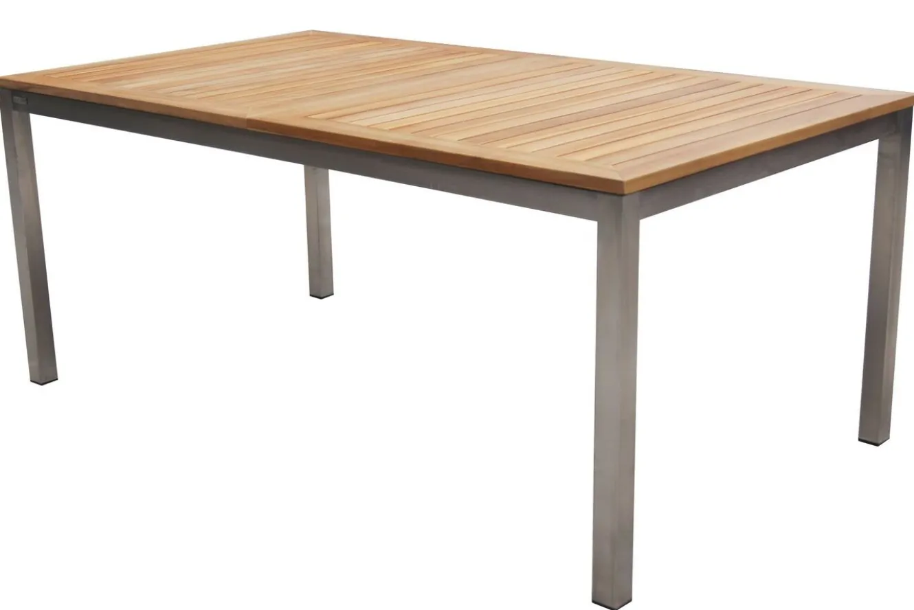 OUTFLEXX Garten-Essgruppe, schwarz, 200/300 x 100 cm, Edelstahl/Teak, Ausziehtisch, 8 Stapelstühle, 2 Klappstühle, FSC®-zertifiziertes Produkt