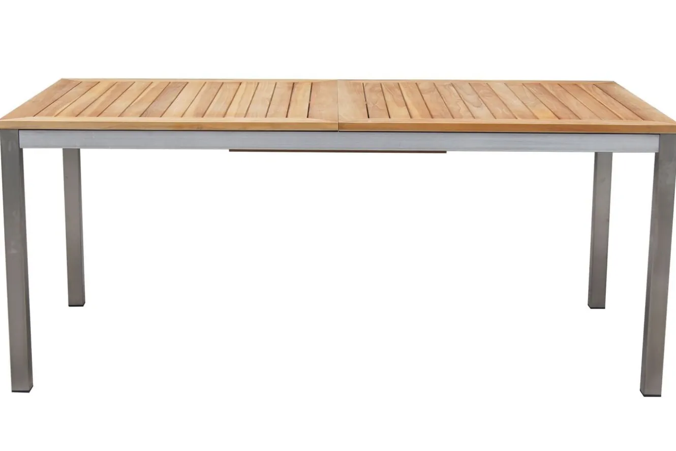 OUTFLEXX Garten-Essgruppe, schwarz, 200/300 x 100 cm, Edelstahl/Teak, Ausziehtisch, 8 Stapelstühle, 2 Klappstühle, FSC®-zertifiziertes Produkt