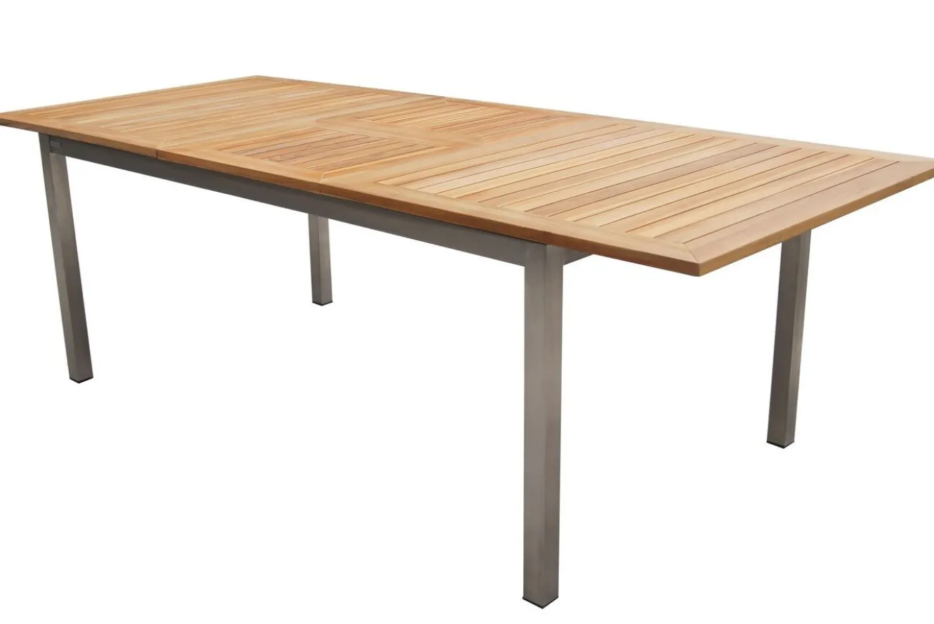 OUTFLEXX Garten-Essgruppe, schwarz, 200/300 x 100 cm, Edelstahl/Teak, Ausziehtisch, 8 Stapelstühle, 2 Klappstühle, FSC®-zertifiziertes Produkt