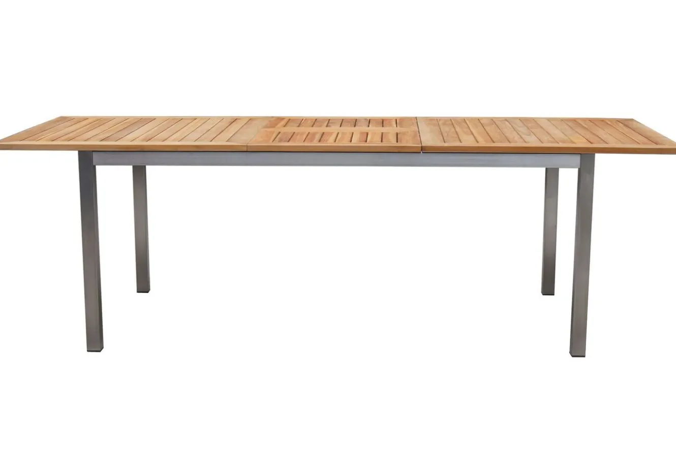 OUTFLEXX Garten-Essgruppe, schwarz, 200/300 x 100 cm, Edelstahl/Teak, Ausziehtisch, 8 Stapelstühle, 2 Klappstühle, FSC®-zertifiziertes Produkt