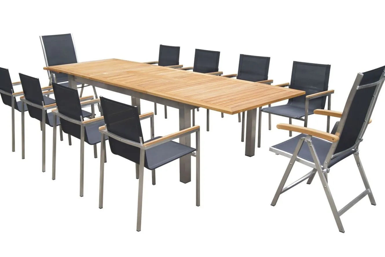 OUTFLEXX Garten-Essgruppe, schwarz, 200/300 x 100 cm, Edelstahl/Teak, Ausziehtisch, 8 Stapelstühle, 2 Klappstühle, FSC®-zertifiziertes Produkt