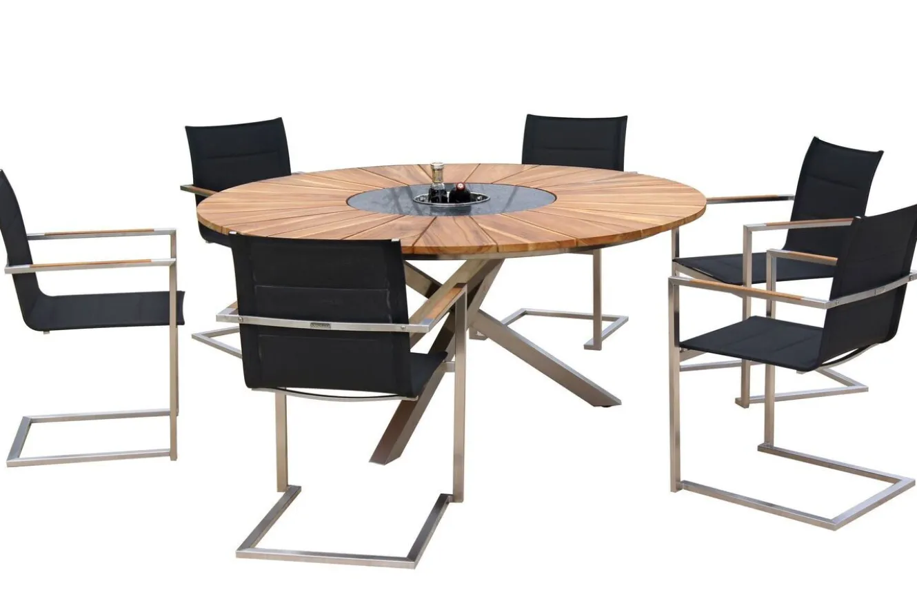 OUTFLEXX Garten-Essgruppe, schwarz, Edelstahl/Teak, Ø 170 cm, 6 Freischwinger, inkl. drehbarer Granitplatte + Eiskühler, FSC®-zertifiziertes Produkt