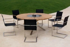 OUTFLEXX Garten-Essgruppe, schwarz, Edelstahl/Teak, Ø 170 cm, 6 Freischwinger, inkl. drehbarer Granitplatte + Eiskühler, FSC®-zertifiziertes Produkt
