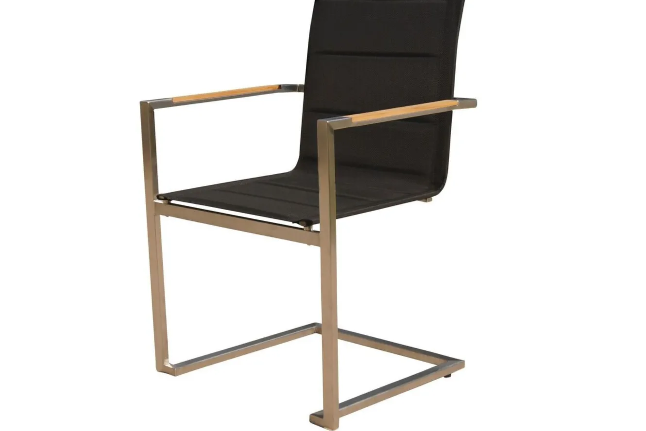 OUTFLEXX Garten-Essgruppe, schwarz, Edelstahl/Teak, Ø 170 cm, 6 Freischwinger, inkl. drehbarer Granitplatte + Eiskühler, FSC®-zertifiziertes Produkt
