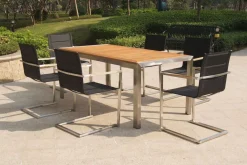 OUTFLEXX Garten-Essgruppe, schwarz, Edelstahl/Teak, Esstisch 200 x 90 cm, 6 Stapelstühle gepolstert