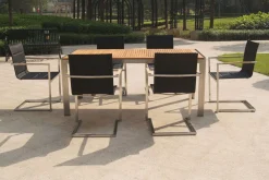 OUTFLEXX Garten-Essgruppe, schwarz, Edelstahl/Teak, Esstisch 200 x 90 cm, 6 Stapelstühle gepolstert