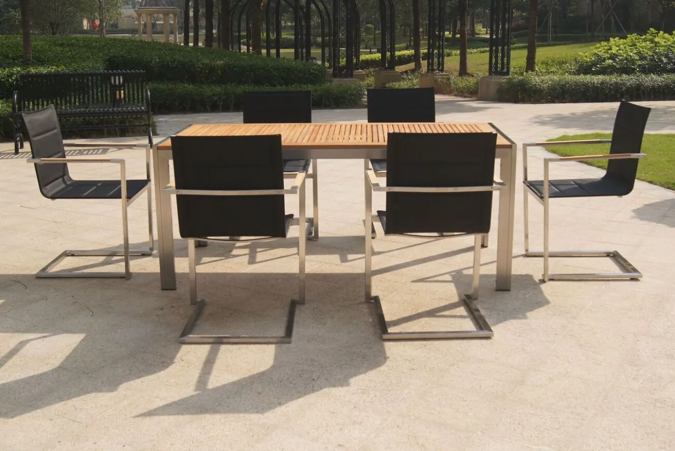 OUTFLEXX Garten-Essgruppe, schwarz, Edelstahl/Teak, Esstisch 200 x 90 cm, 6 Stapelstühle gepolstert